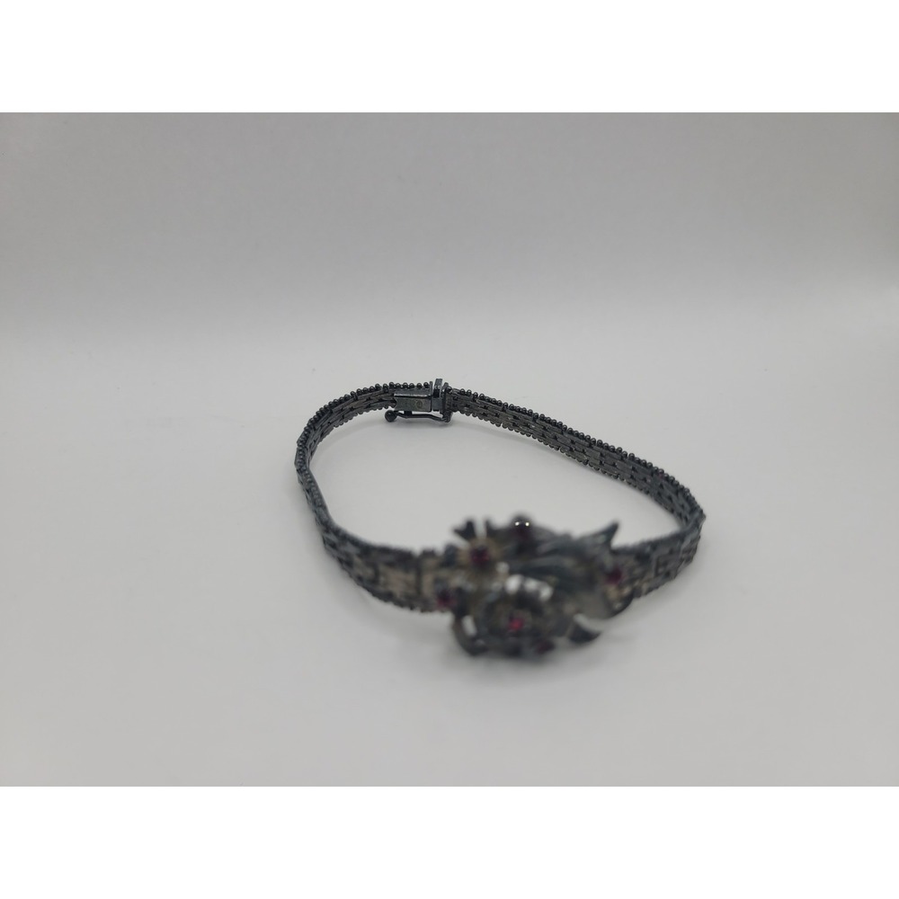 925 Italy Sterling Silver Floral Bracelet Red Accent Stones Ornate Vintage